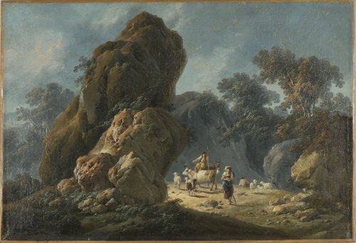 Jean Pillement (1728-1808) - Bergers et leur troupeau dans un paysage rocailleux