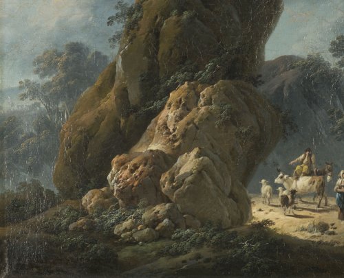 Tableaux et dessins Tableaux XVIIIe siècle - Jean Pillement (1728-1808) - Bergers et leur troupeau dans un paysage rocailleux