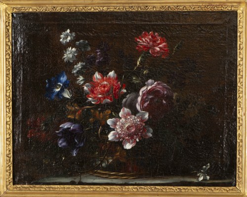Tableaux et dessins Tableaux XVIIIe siècle - Corbeille de Fleurs sur un entablement - attribué à J.B. Dubuisson (1660 – 1735)