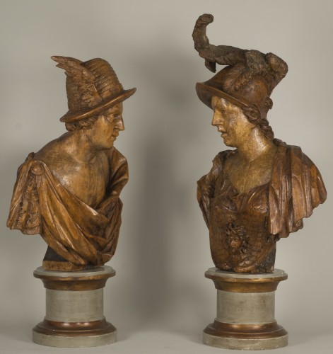 Paire Bustes de Mercure et Minerve, Travail Allemand du XVIIIe - Sculpture Style 