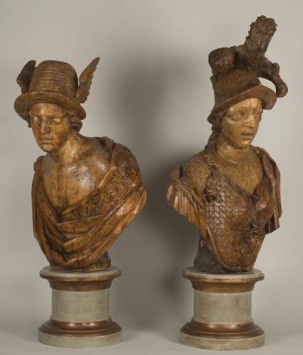 Sculpture Sculpture en Bois - Paire Bustes de Mercure et Minerve, Travail Allemand du XVIIIe