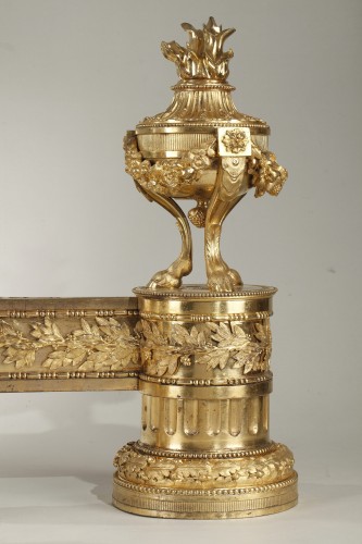 XVIIIe siècle - Paire de chenets en bronze doré d'époque Louis XVI
