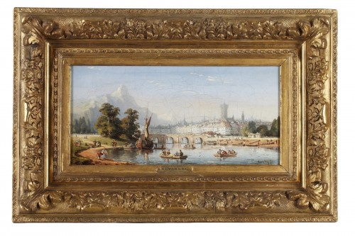C.E. KUWASSEG (1838- 1904) - Paysage de montagne avec barques et promeneurs