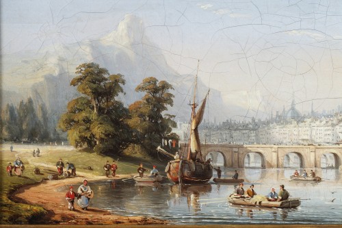 Tableaux et dessins Tableaux XIXe siècle - C.E. KUWASSEG (1838- 1904) - Paysage de montagne avec barques et promeneurs