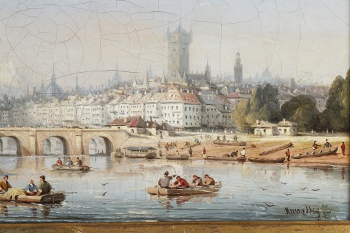 C.E. KUWASSEG (1838- 1904) - Paysage de montagne avec barques et promeneurs - Galerie Gilles Linossier