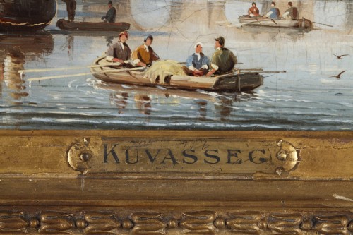 XIXe siècle - C.E. KUWASSEG (1838- 1904) - Paysage de montagne avec barques et promeneurs
