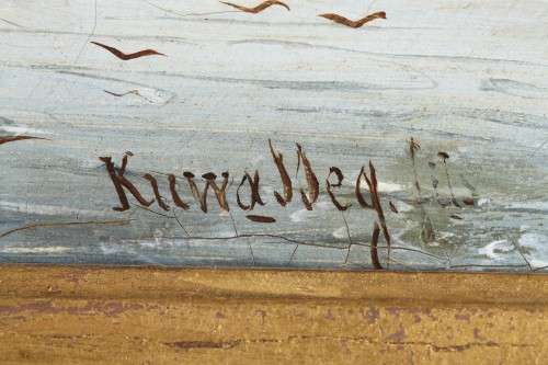C.E. KUWASSEG (1838- 1904) - Paysage de montagne avec barques et promeneurs - 