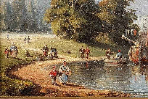  - C.E. KUWASSEG (1838- 1904) - Paysage de montagne avec barques et promeneurs