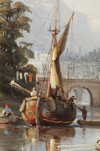 Antiquités - C.E. KUWASSEG (1838- 1904) - Paysage de montagne avec barques et promeneurs