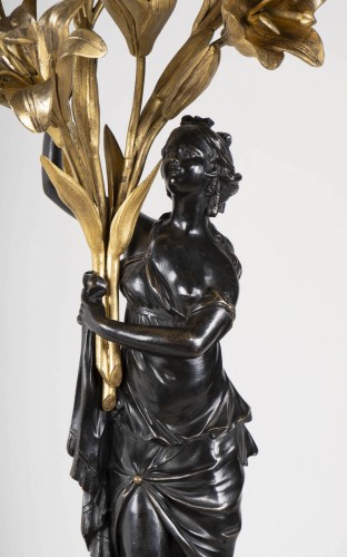 XVIIIe siècle - Paire de candélabres en marbre de carrare et bronze patiné et doré