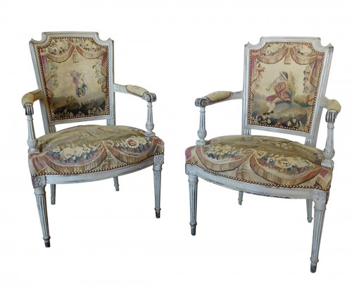Paire de fauteuils cabriolets d'époque Louis XVI, tapisserie d'Aubusson