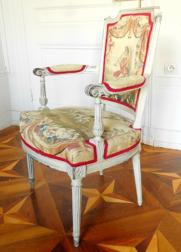 Paire de fauteuils cabriolets d'époque Louis XVI, tapisserie d'Aubusson - Louis XVI