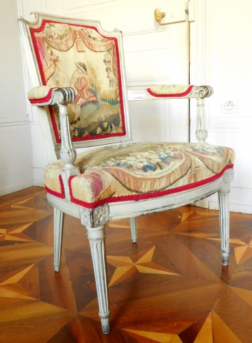 Louis XVI - Paire de fauteuils cabriolets d'époque Louis XVI, tapisserie d'Aubusson