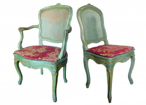Salon de 2 fauteuils et 4 chaises cannés d'époque Louis XV