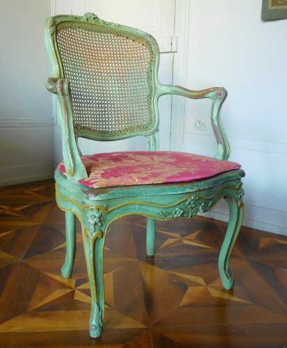 XVIIIe siècle - Salon de 2 fauteuils et 4 chaises cannés d'époque Louis XV