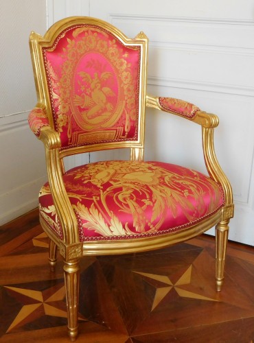 Fauteuil Cabriolet en bois doré Louis XVI Estampille NL Mariette - Sièges Style Louis XVI