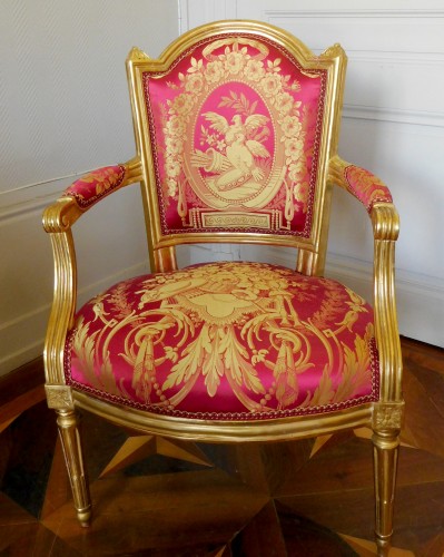 XVIIIe siècle - Fauteuil Cabriolet en bois doré Louis XVI Estampille NL Mariette