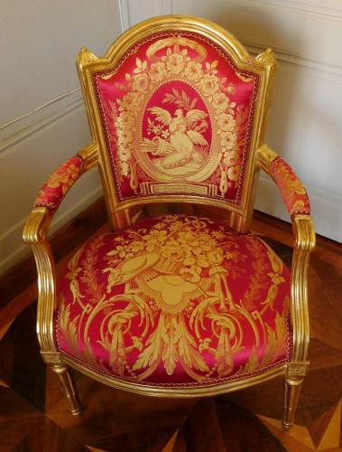Fauteuil Cabriolet en bois doré Louis XVI Estampille NL Mariette - Louis XVI