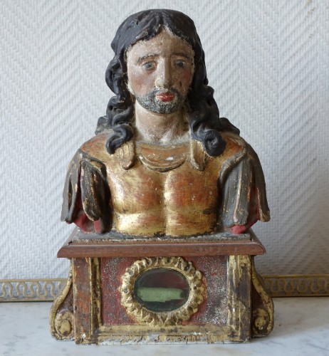 Art sacré, objets religieux  - Paire de bustes reliquaires en bois polychrome et doré