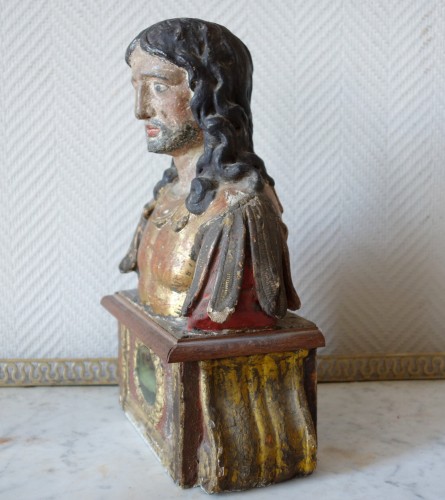 Antiquités - Paire de bustes reliquaires en bois polychrome et doré