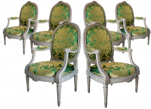 Série de 6 fauteuils à chassis d'époque Louis XVI estampille de Pierre Brizard