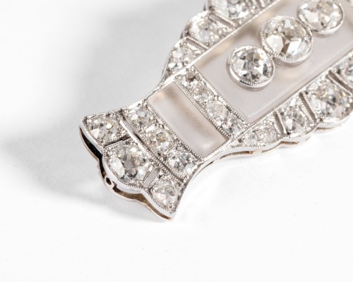 Bijouterie, Joaillerie Broche - Broche art-déco en platine et cristal de roche, sertie de diamants