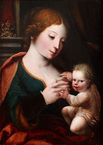 Vierge à l'enfant - Attribué Maître au perroquet (actif 1520 - 1540) - Tableaux et dessins Style 