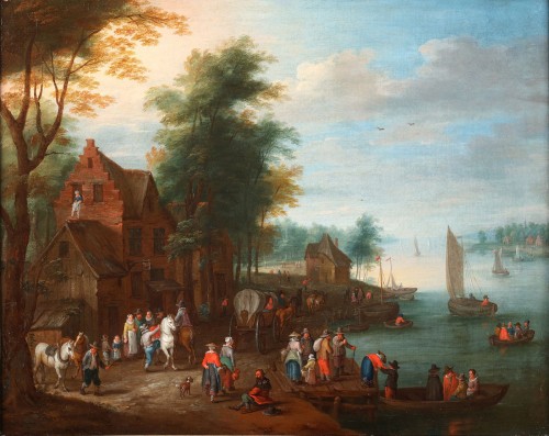Un village animé près de la rivière -Jan-Frans Beschey (1717-1799) - Tableaux et dessins Style 