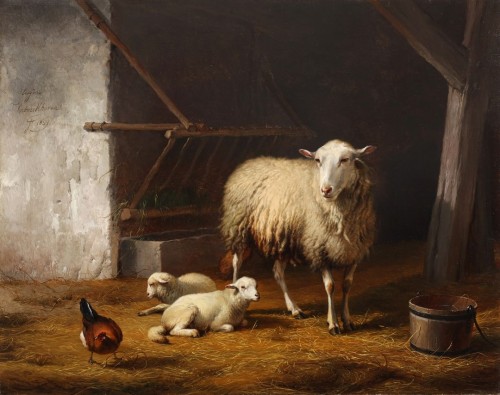 Moutons et poule dans leur étable - Eugène Verboeckhoven (1789-1881) - Tableaux et dessins Style 