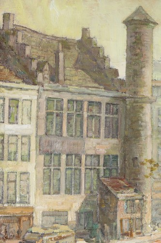 Alfons de Cuyper (1887-1950) - Marché sur le Vrijdagsmarkt à Gand avec 'Het Toreken', sur la gauche - 