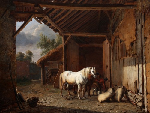 Chevaux dans la cour intérieure d'une grange - Charles Tschaggeny (1815-1894)