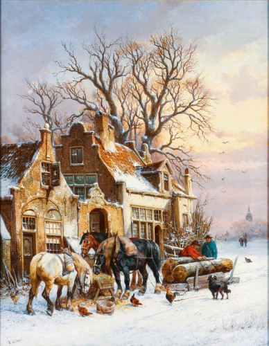 Paysage d'hiver animé - Alexis de Leeuw (1848 - 1883) - Tableaux et dessins Style 