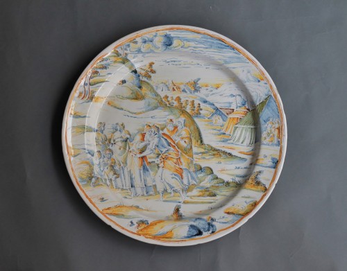 Plat Faenza a compendario Jacob et Esaü, Maestro di panneggi, vers 1585 - Céramiques, Porcelaines Style Renaissance