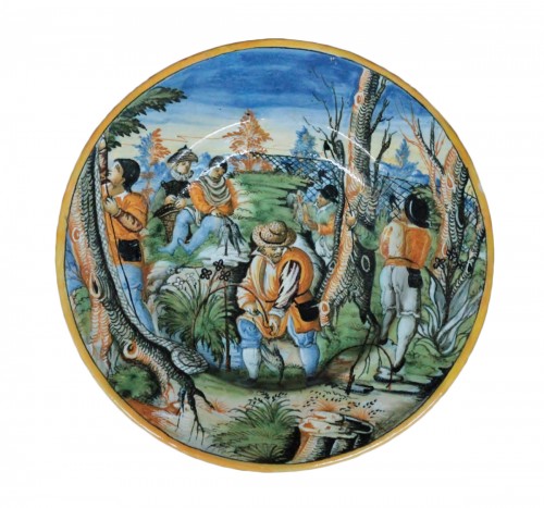 Coupe en majolique d'Urbino, chasse à la perdrix, vers 1590-1600.