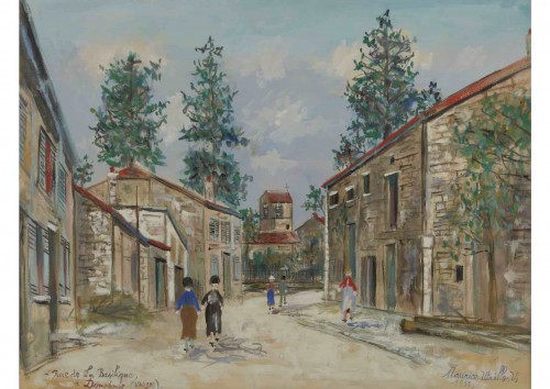 Maurice Utrillo (1883-1955) - Promeneurs dans la rue de la Basilique à Domremy