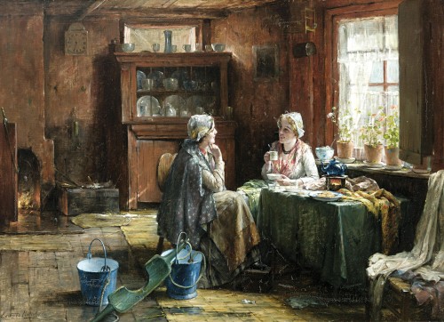 Edward Anton PORTIELJE (1861 - 1949) -  L'heure du thé au coin du feu