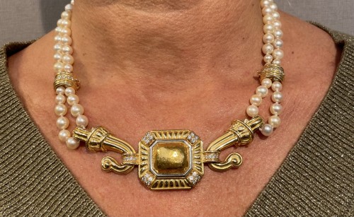 Bijouterie, Joaillerie Pendentif, Collier - Chaumet - Parure collier et boucles d'oreilles, en perles or et diamants