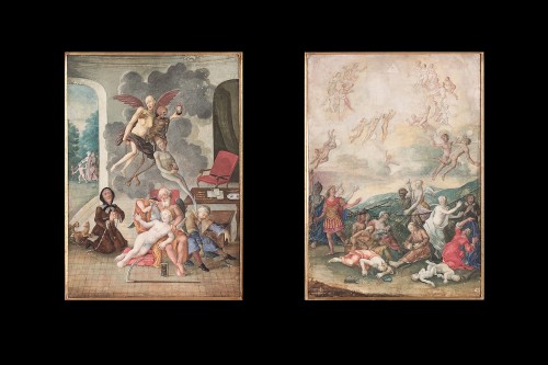 Tableaux et dessins Dessin, Aquarelle & Pastel - Paire de gouaches avec scènes de Vanités,  Allemagne 18e siècle