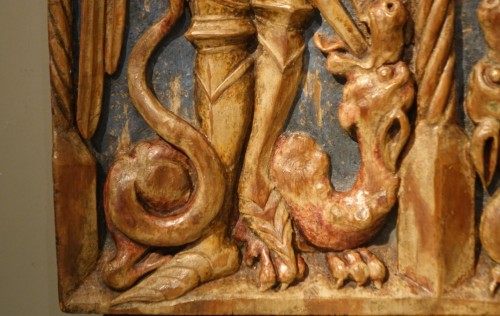 Saint Michel et Saint Georges, mi-relief en bois de tilleul Allemagne vers 1500 - La Crédence