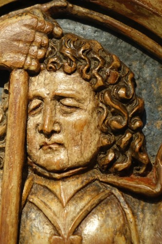 Antiquités - Saint Michel et Saint Georges, mi-relief en bois de tilleul Allemagne vers 1500