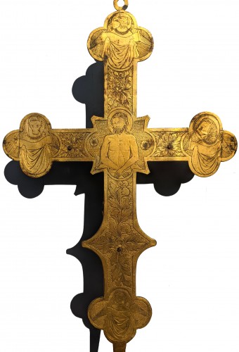 Croix de procession toscane en cuivre et bronze doré du XIVe siècle - Moyen Âge