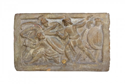 Urne cinéraire étrusque ornée du combat de l'homme à l'araire, 2e siècle avant  J.-C.