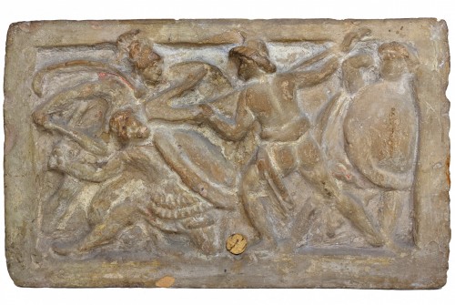  - Urne cinéraire étrusque ornée du combat de l'homme à l'araire, 2e siècle avant  J.-C.