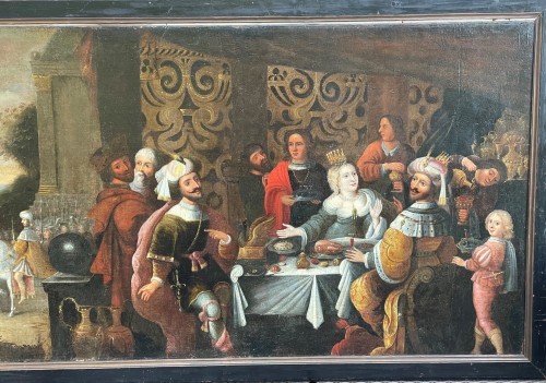 Le Banquet d'Esther - École Flamande début XVIIe - Tableaux et dessins Style 