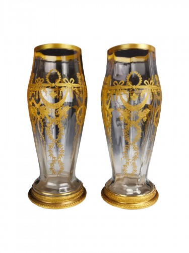 Paire de grands vases rouleau en cristal et laiton doré