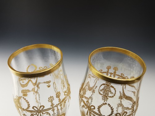 Paire de grands vases rouleau en cristal et laiton doré - 