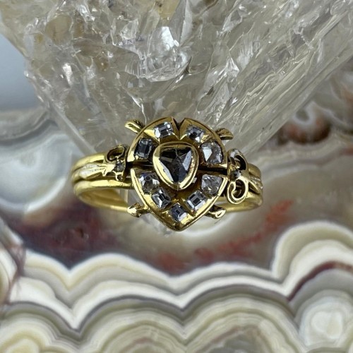 Bague puzzle avec un coeur en diamant tiré par Cupidon, Europe occidentale XVIIe siècle - 