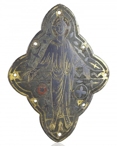 Antiquités - Plaque en cuivre émaillé champlevé représentant le Christ en majesté