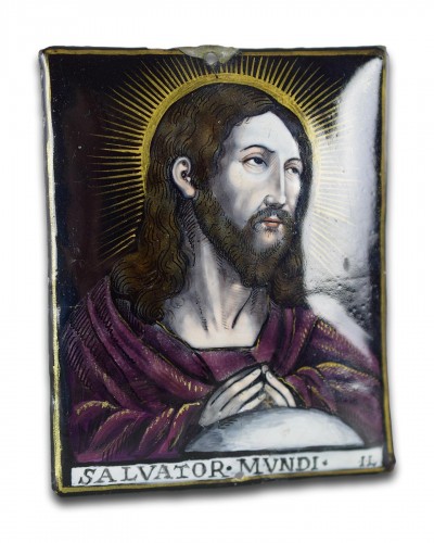 Art sacré, objets religieux  - Plaque en émail de Limoges du Salvator Mundi, Jacques Laudin