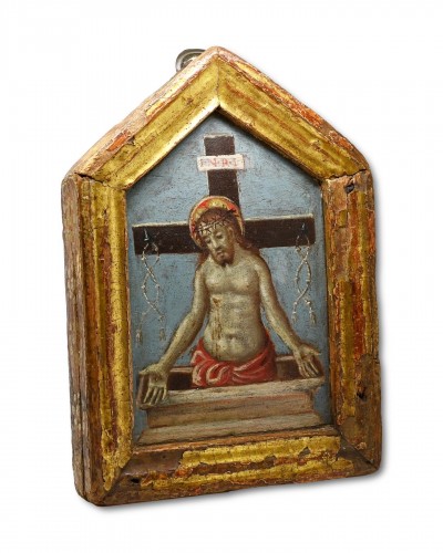 Art sacré, objets religieux  - Pax en bois doré peint du Christ ressuscité